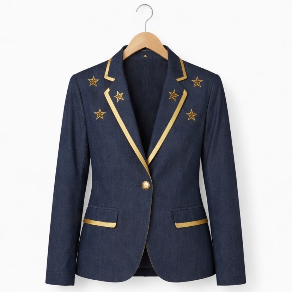 Lew Magram Blue Denim Vintage Blazer With Gold Stars Sz 12